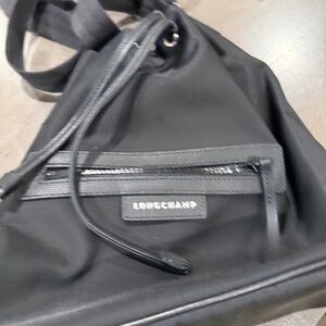 Longchamp Black Nylon Backpack Drawstring Bucket Bag Leather Trim